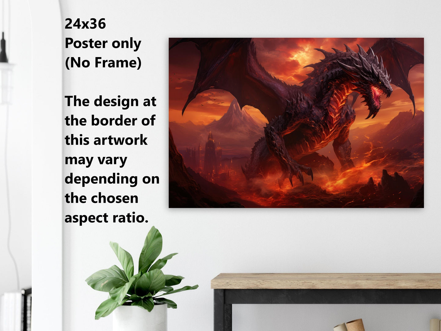 Décoration murale Dragon Noir - Affiche Dragon Noir des Flammes Infernales - Toile Fantastique - Cadeau pour petit ami gamer