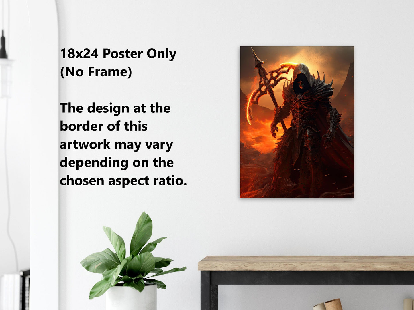 Grim Reaper Wall Art - Grim Reaper with Flaming Scythe Poster - Dark Horror Print - Fantasy Canvas Art - Gift for Gamer
