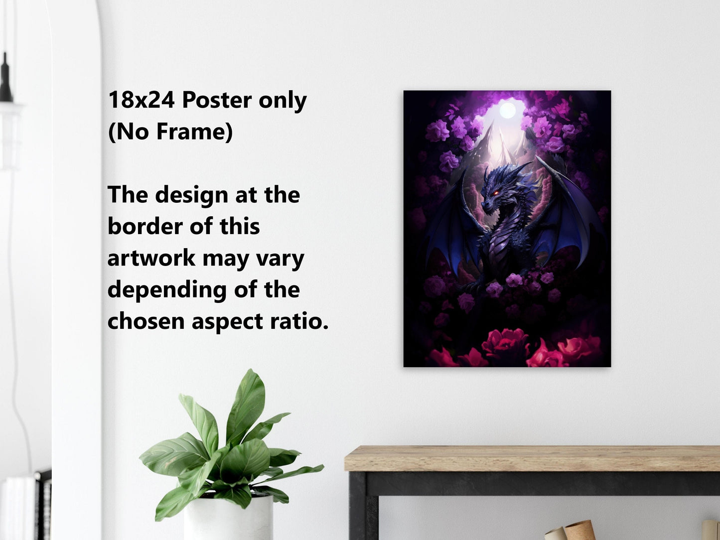 Purple Dragon Wall Art - Midnight Purple Dragon Poster - Purple and Red Roses - Fantasy Art Canvas - Gift for Gamer