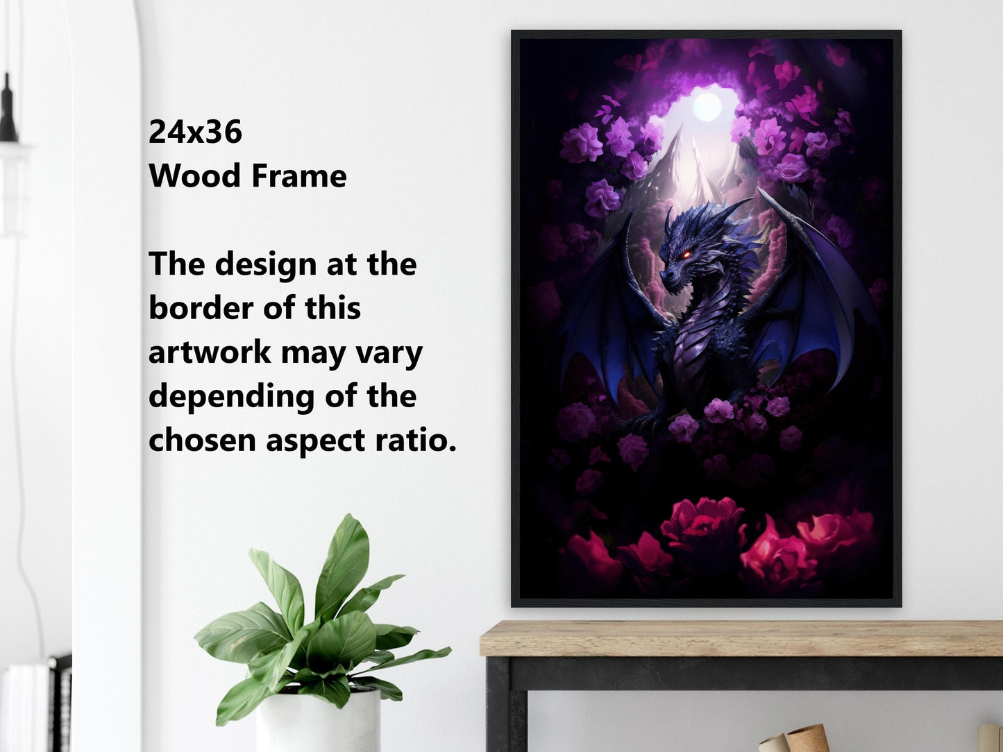 Purple Dragon Wall Art - Midnight Purple Dragon Poster - Purple and Red Roses - Fantasy Art Canvas - Gift for Gamer