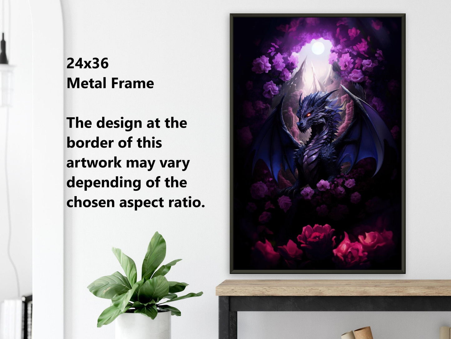 Purple Dragon Wall Art - Midnight Purple Dragon Poster - Purple and Red Roses - Fantasy Art Canvas - Gift for Gamer