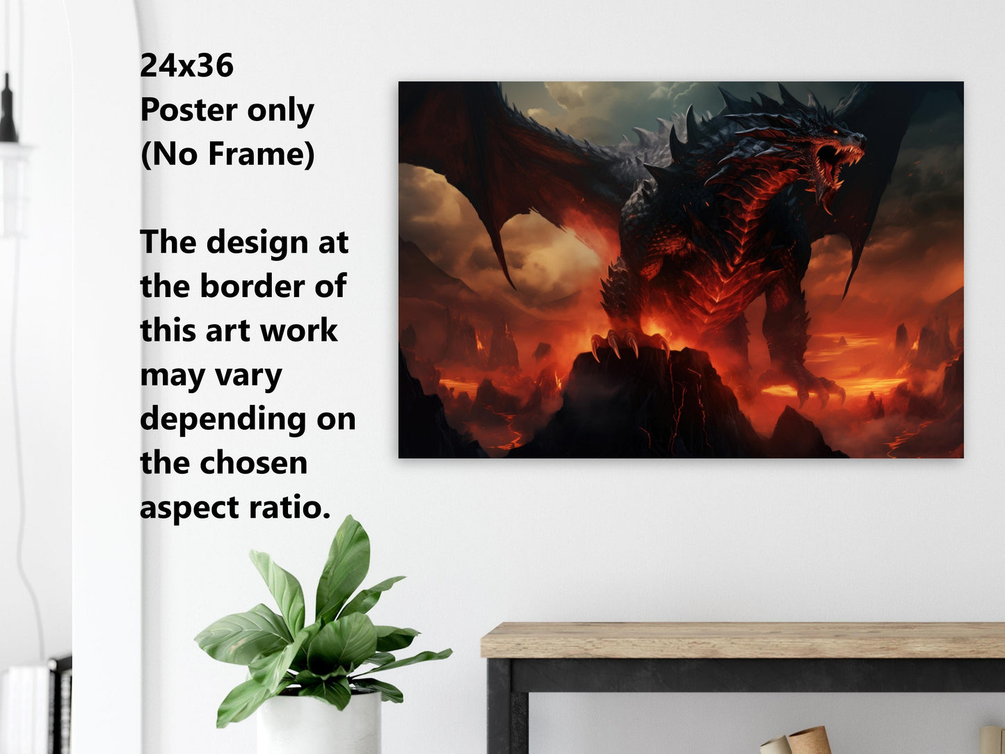 Black Dragon Wall Art - Black Volcanic Dragon Poster - Fantasy Canvas Art - Ready to Hang - Gift for Gamer