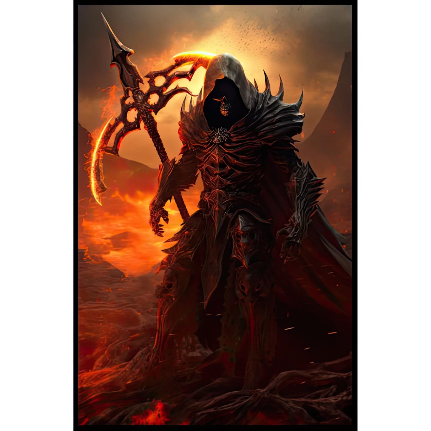 Grim Reaper Wall Art - Grim Reaper with Flaming Scythe Poster - Dark Horror Print - Fantasy Canvas Art - Gift for Gamer