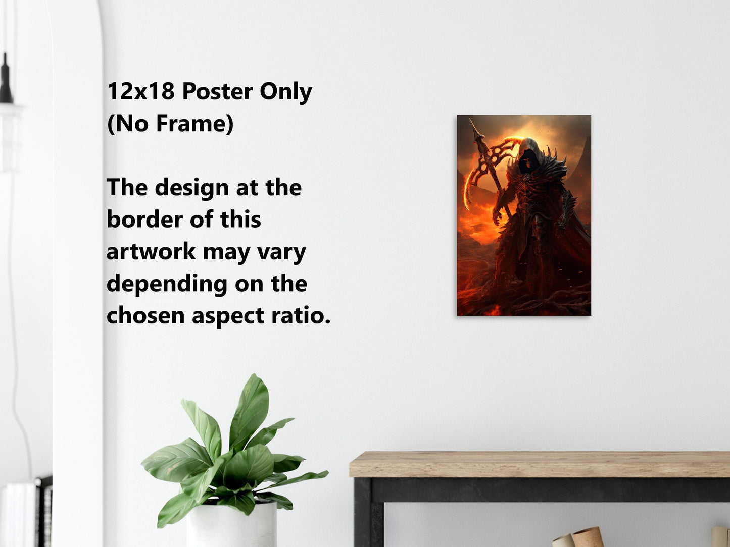 Grim Reaper Wall Art - Grim Reaper with Flaming Scythe Poster - Dark Horror Print - Fantasy Canvas Art - Gift for Gamer