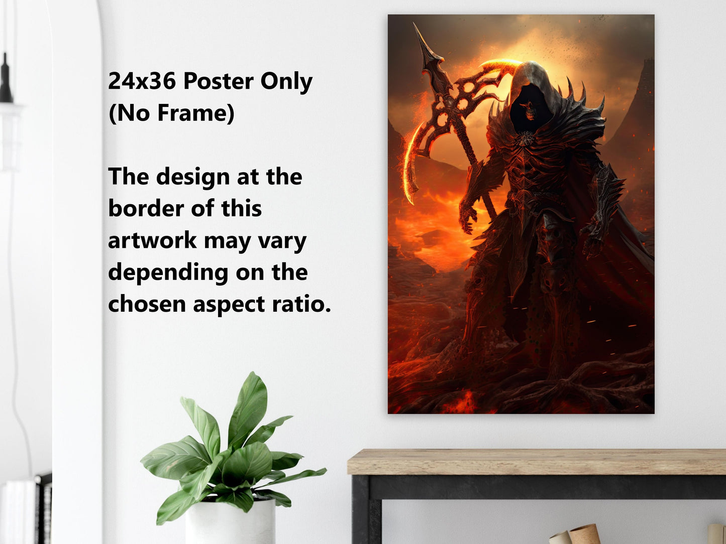 Grim Reaper Wall Art - Grim Reaper with Flaming Scythe Poster - Dark Horror Print - Fantasy Canvas Art - Gift for Gamer