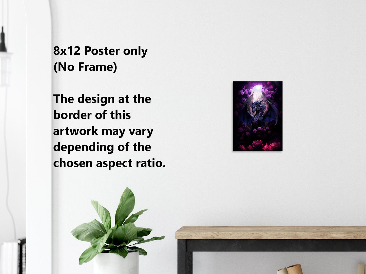 Purple Dragon Wall Art - Midnight Purple Dragon Poster - Purple and Red Roses - Fantasy Art Canvas - Gift for Gamer