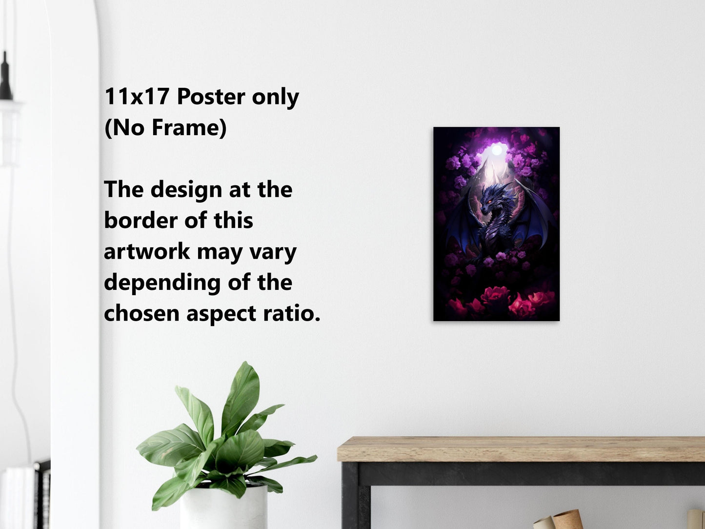 Purple Dragon Wall Art - Midnight Purple Dragon Poster - Purple and Red Roses - Fantasy Art Canvas - Gift for Gamer