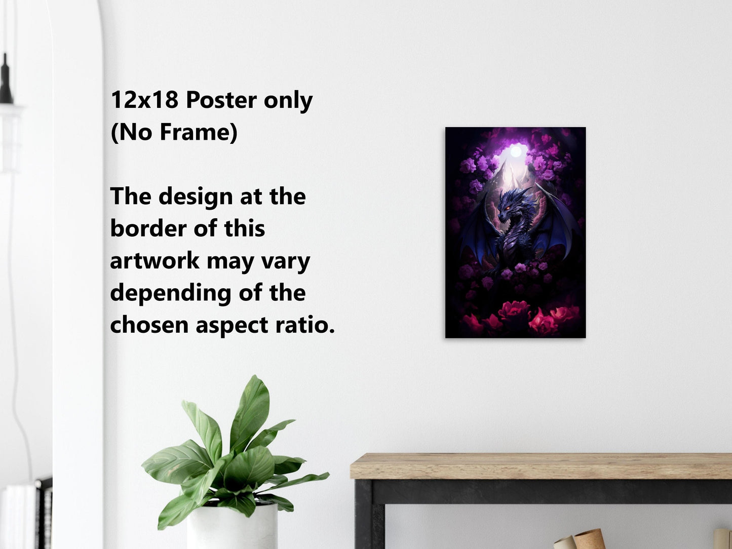 Purple Dragon Wall Art - Midnight Purple Dragon Poster - Purple and Red Roses - Fantasy Art Canvas - Gift for Gamer