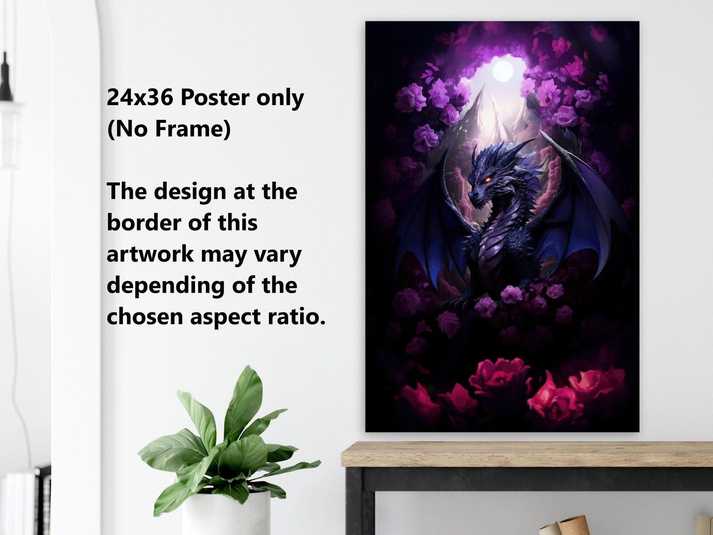 Purple Dragon Wall Art - Midnight Purple Dragon Poster - Purple and Red Roses - Fantasy Art Canvas - Gift for Gamer