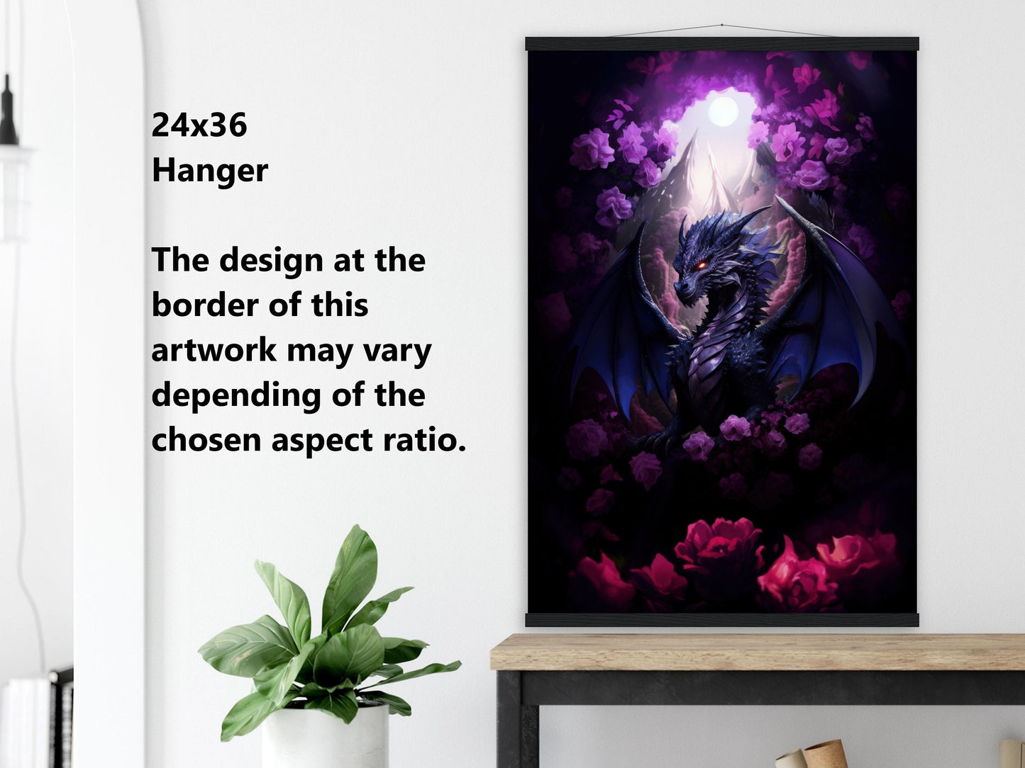 Purple Dragon Wall Art - Midnight Purple Dragon Poster - Purple and Red Roses - Fantasy Art Canvas - Gift for Gamer