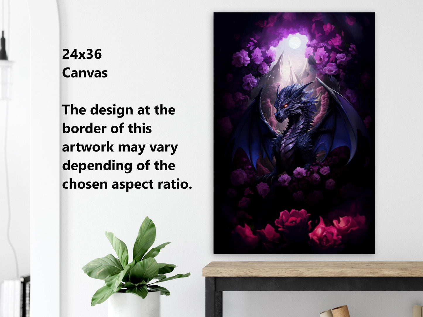Purple Dragon Wall Art - Midnight Purple Dragon Poster - Purple and Red Roses - Fantasy Art Canvas - Gift for Gamer