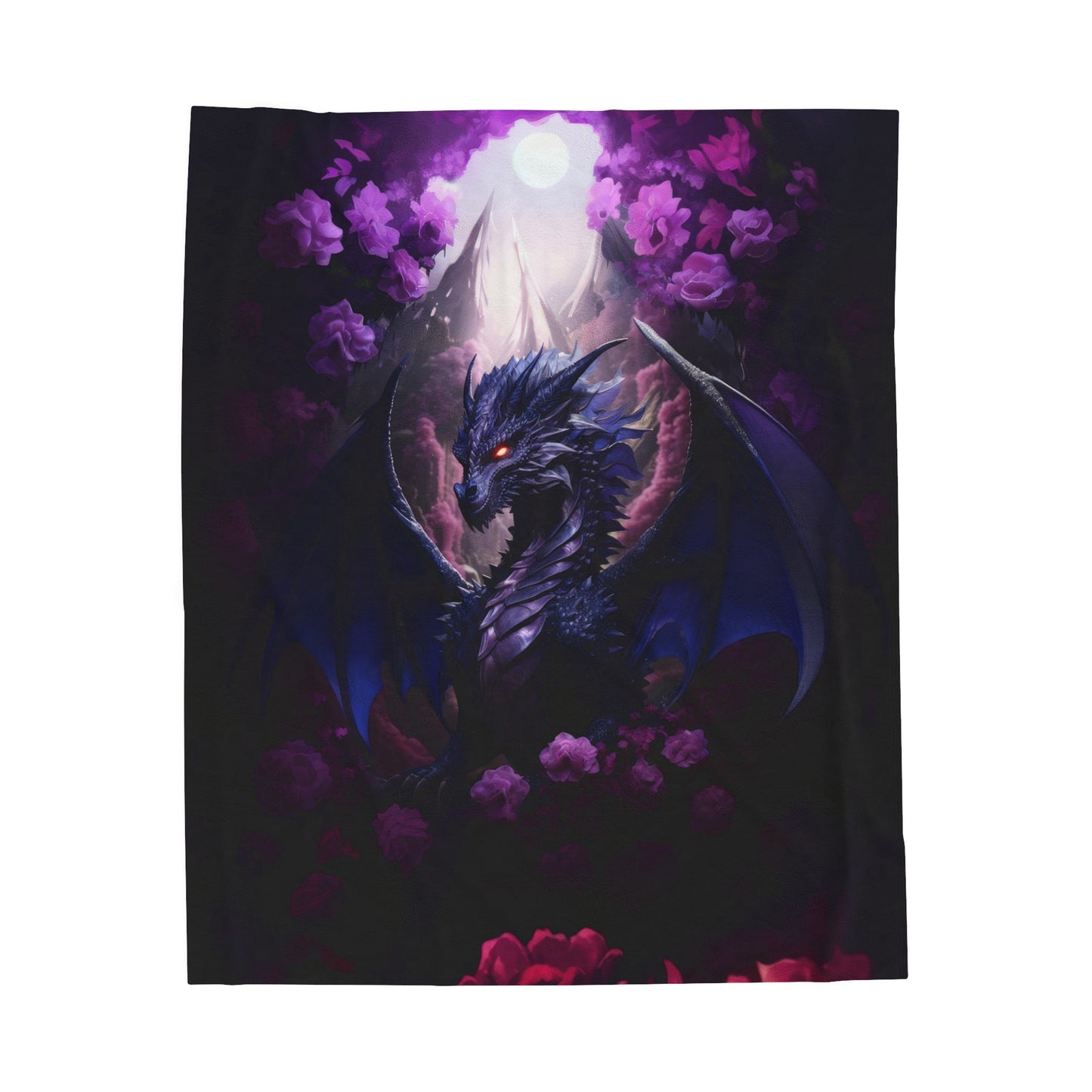 Purple Dragon Blanket - Midnight Purple Dragon - Purple and Red Roses - Velveteen Plush Blanket - Fantasy Gift for Gamer