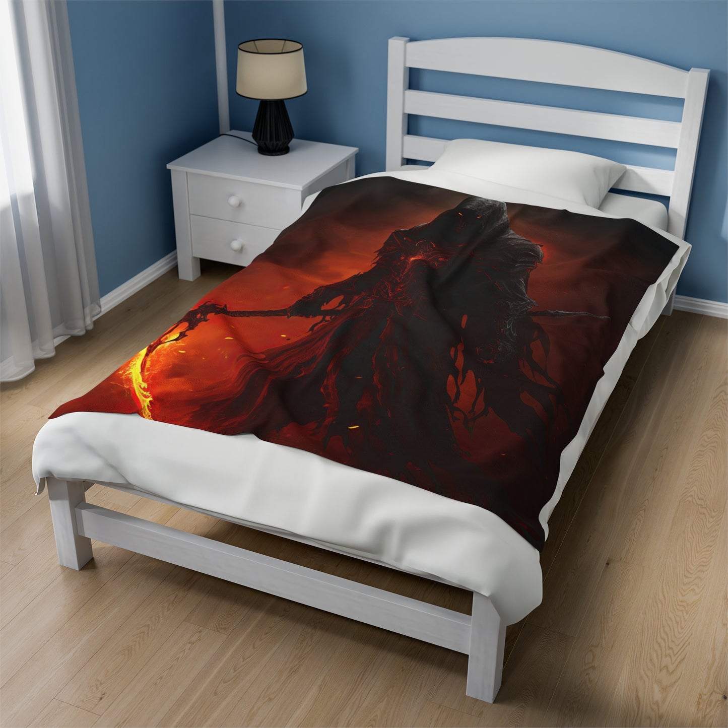 Grim Reaper Blanket - Grim Reaper with Flame Scythe - Fantasy Horror Plush - Gamer Gift for Him
