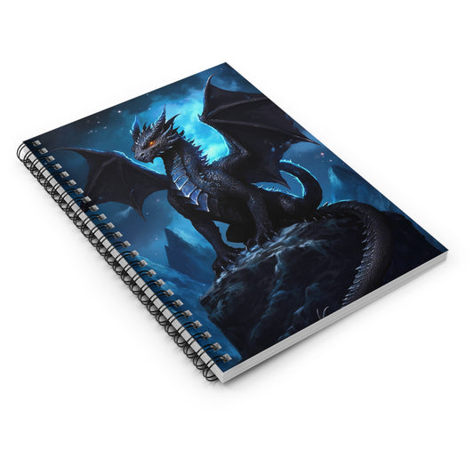 Spiral Notebook - Ruled Line - Black Dragon on a mountain at midnight