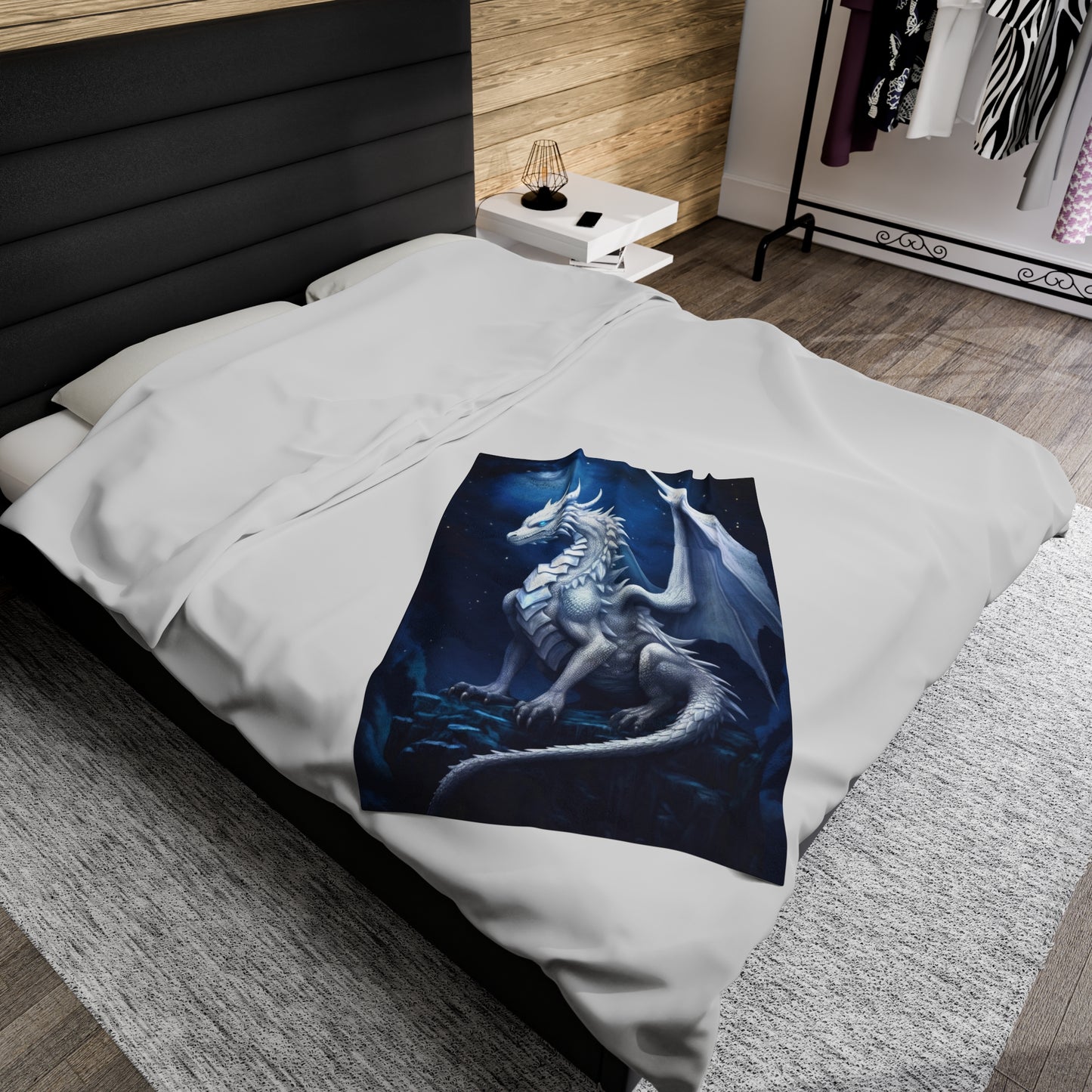 Velveteen Plush Blanket - Moonlit Serenity: White Holy Dragon's Radiance