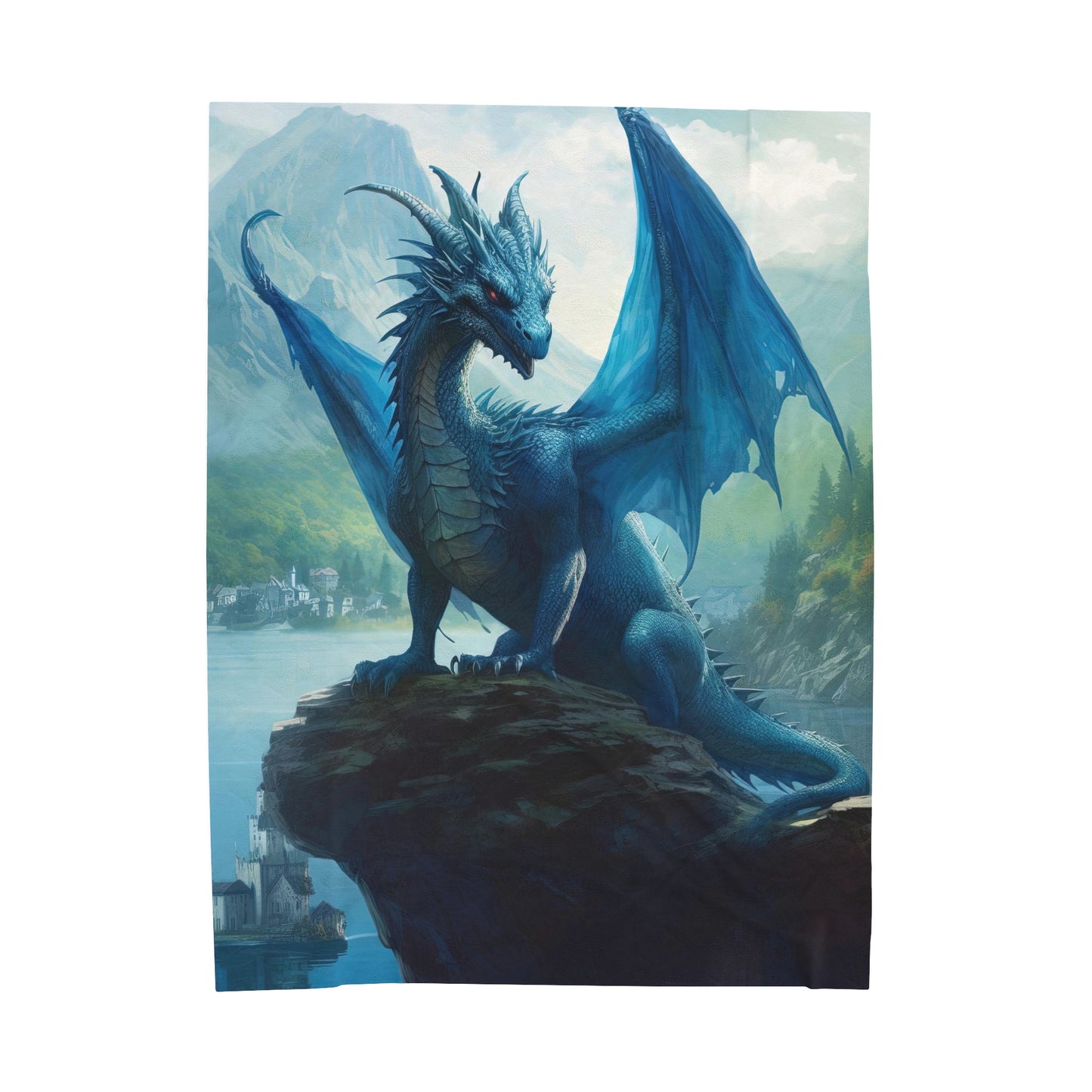 Velveteen Plush Blanket - Azure Serenity: Blue Dragon of the Mountain Lake