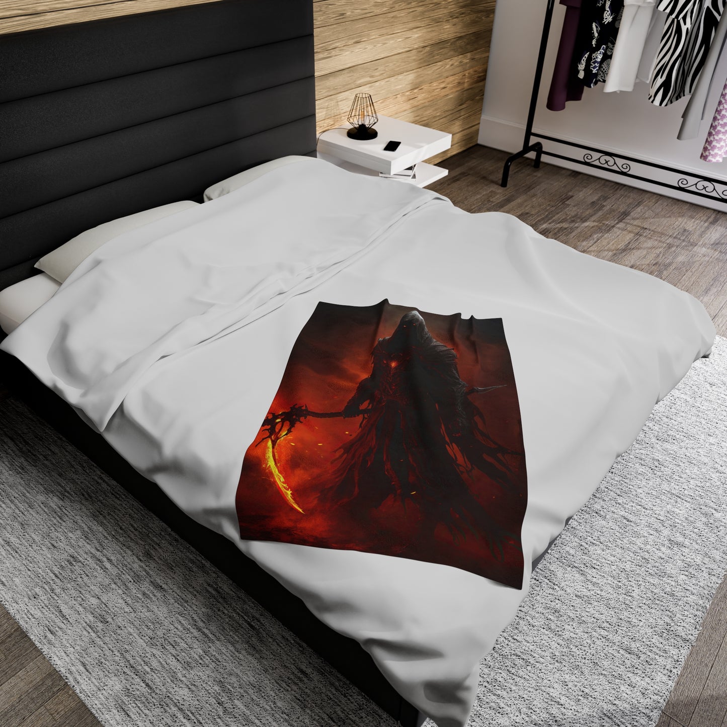 Grim Reaper Blanket - Grim Reaper with Flame Scythe - Fantasy Horror Plush - Gamer Gift for Him