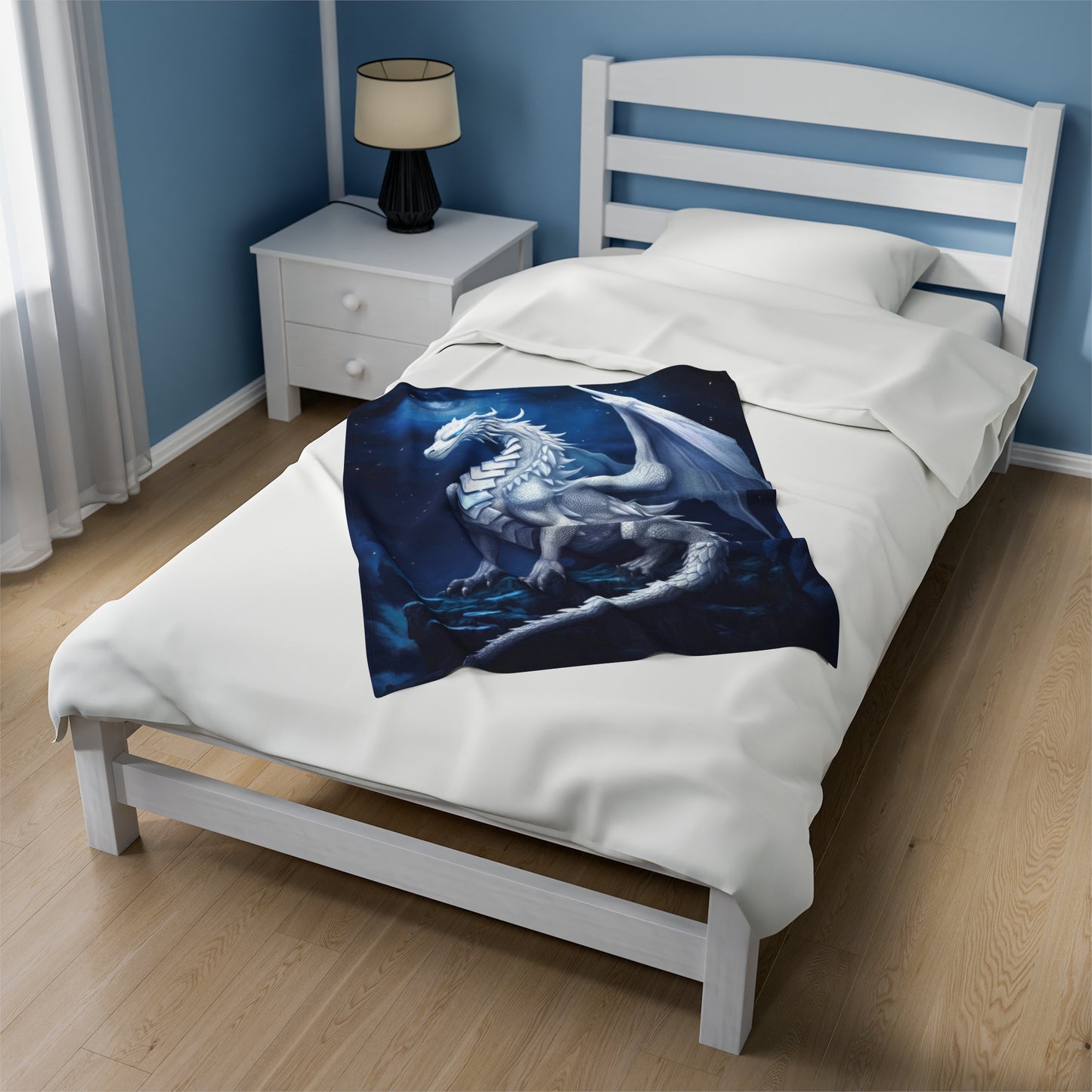 Velveteen Plush Blanket - Moonlit Serenity: White Holy Dragon's Radiance