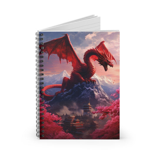 Spiral Notebook - Ruled Line - Chinese Dragon overseeing a mountain village adorned with cherry blossoms