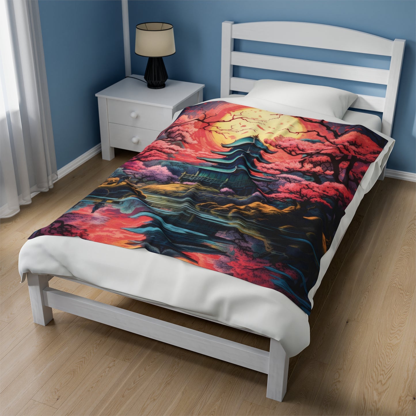 Velveteen Plush Blanket - Serenity in Cherry Blossom Bloom: Japanese Zen Garden
