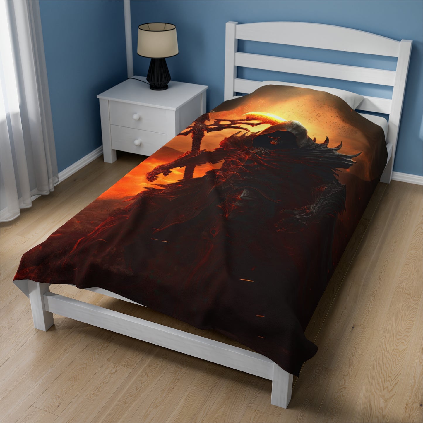 Grim Reaper Blanket - Grim Reaper with Flaming Scythe - Reaper Velveteen Plush - Fantasy Horror Gift for Him
