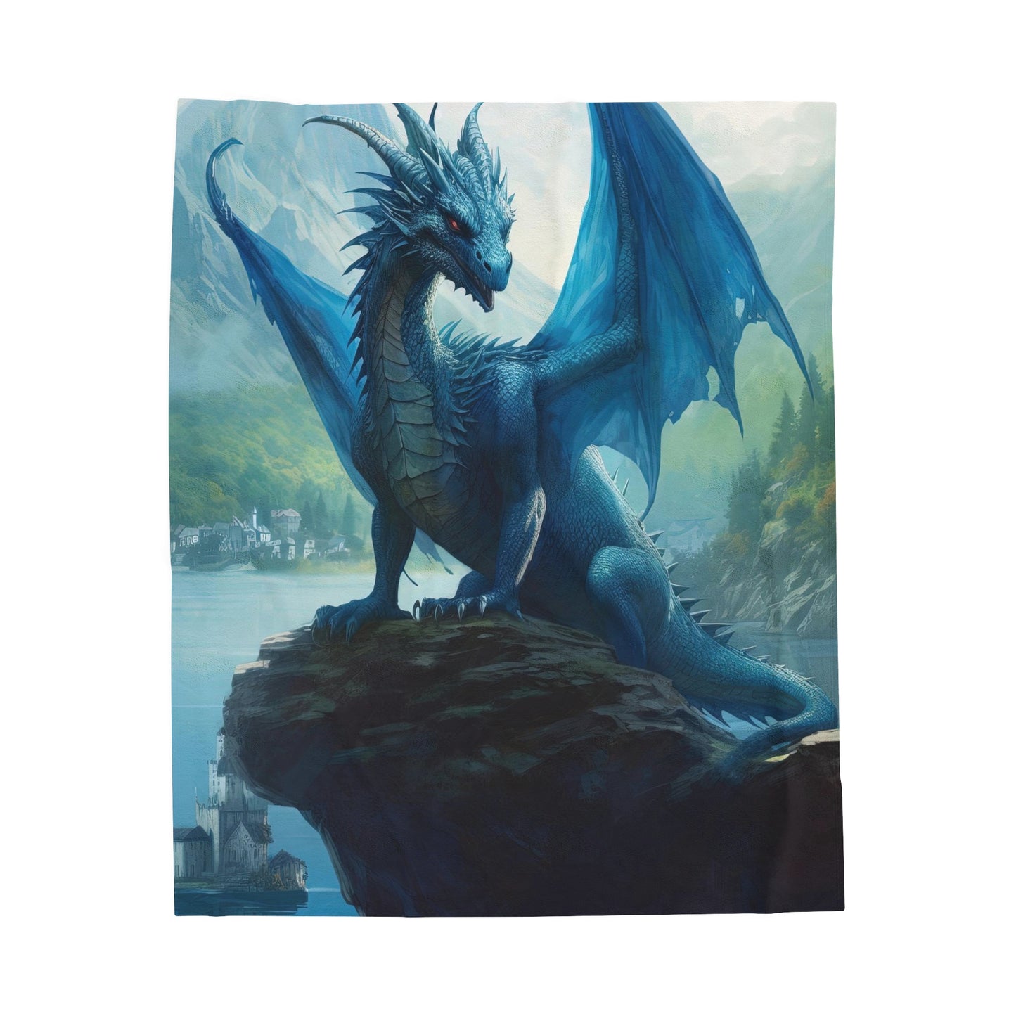 Velveteen Plush Blanket - Azure Serenity: Blue Dragon of the Mountain Lake