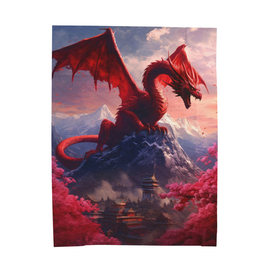 Velveteen Plush Blanket - Enchanting Chinese Dragon and Blossom Village - Fantasy Blanket - Gift for Dragon Lover
