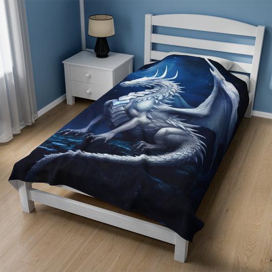 Velveteen Plush Blanket - Moonlit Serenity: White Holy Dragon's Radiance