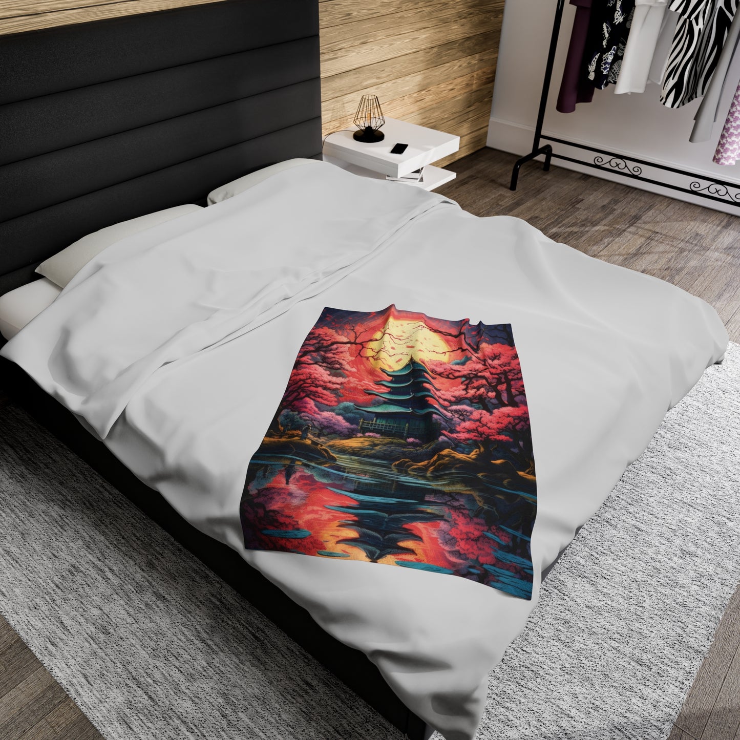 Velveteen Plush Blanket - Serenity in Cherry Blossom Bloom: Japanese Zen Garden