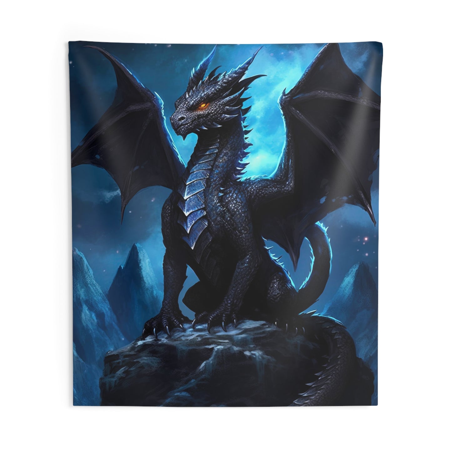 Indoor Wall Tapestries - Shadowflight: Midnight Black Dragon on Mountain Peak