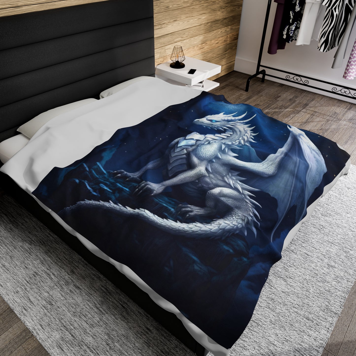 Velveteen Plush Blanket - Moonlit Serenity: White Holy Dragon's Radiance
