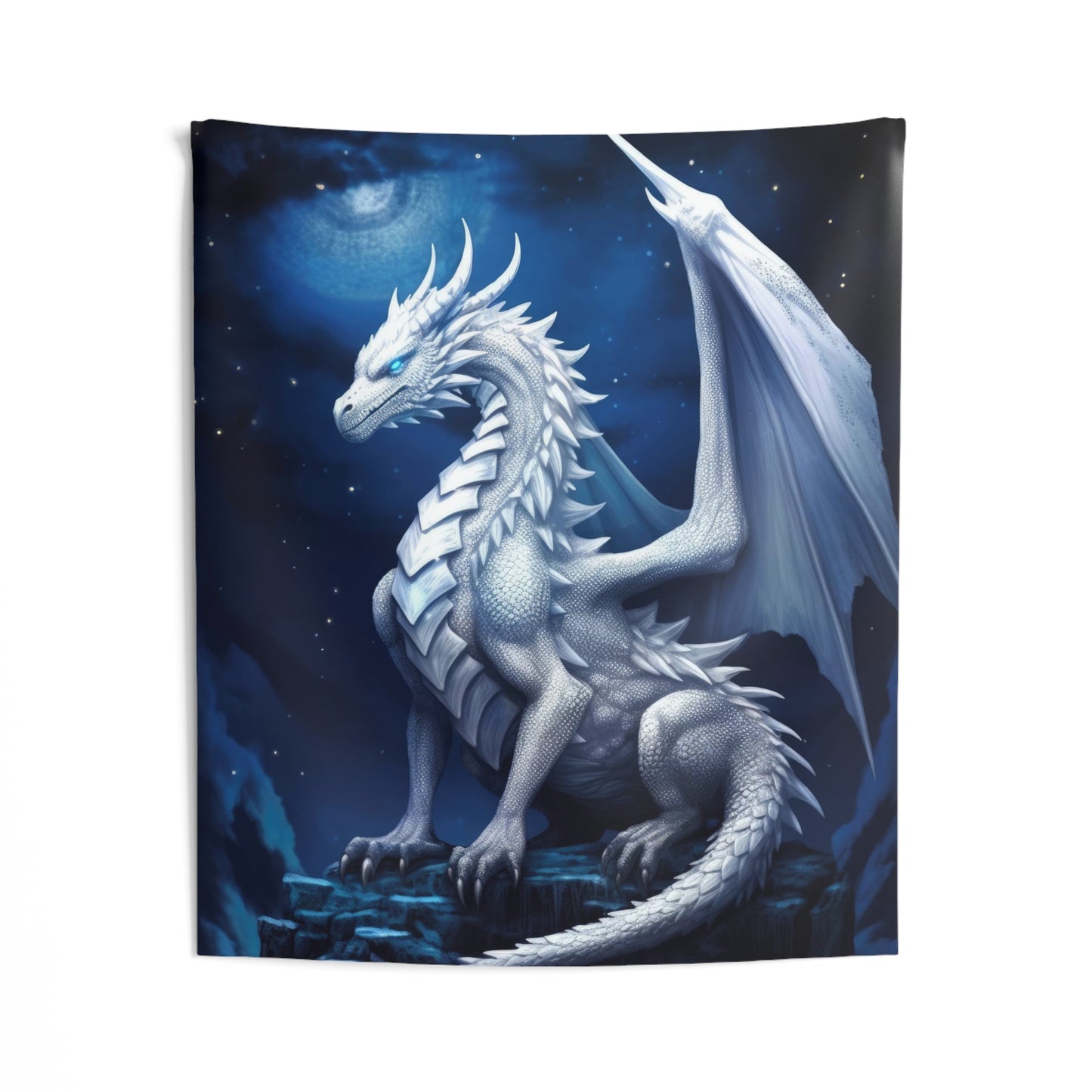 White Dragon Fantasy Tapestry - Guardian: White Holy Dragon in Moonlit Majesty