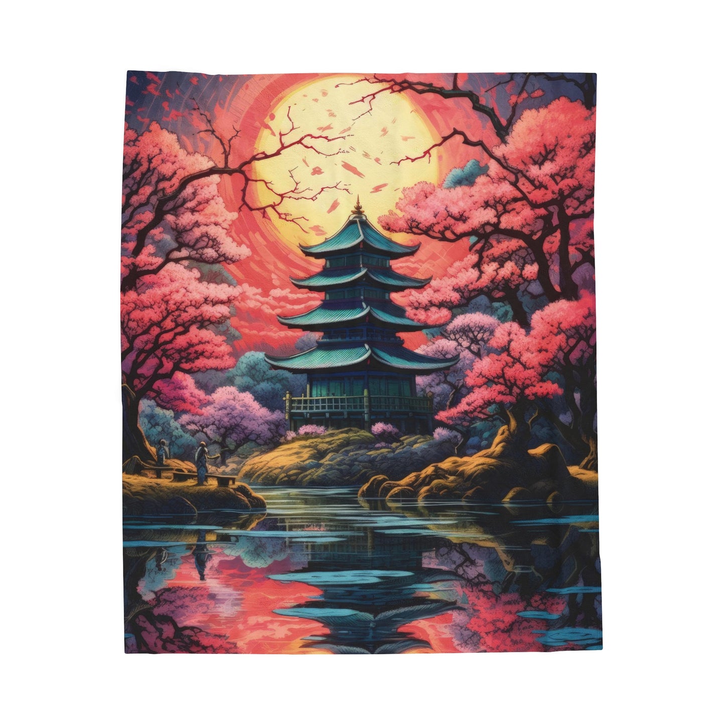 Velveteen Plush Blanket - Serenity in Cherry Blossom Bloom: Japanese Zen Garden