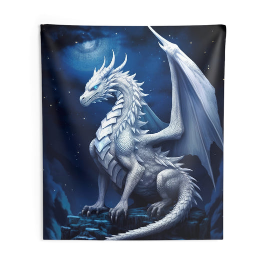 White Dragon Fantasy Tapestry - Guardian: White Holy Dragon in Moonlit Majesty