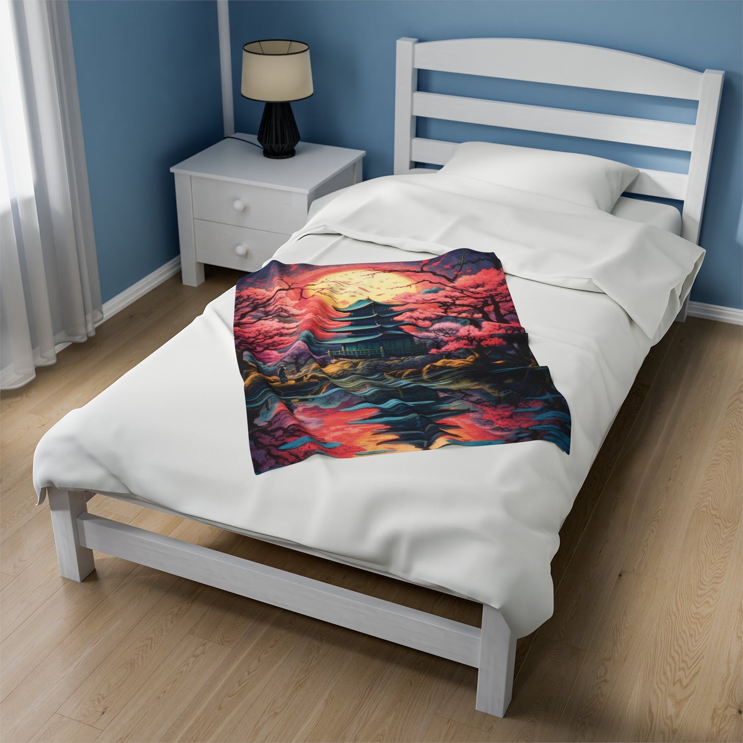 Velveteen Plush Blanket - Serenity in Cherry Blossom Bloom: Japanese Zen Garden