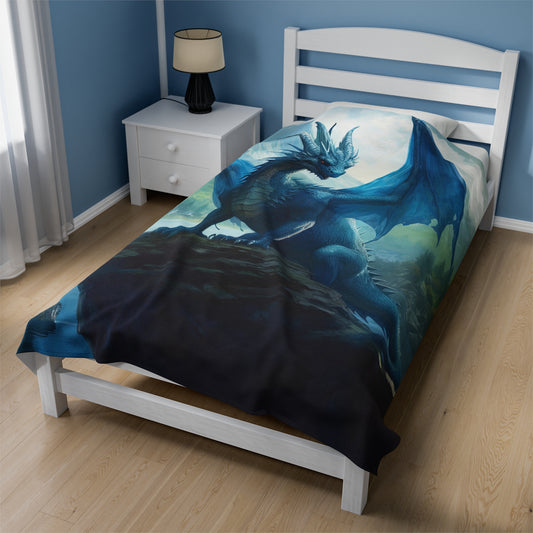 Velveteen Plush Blanket - Azure Serenity: Blue Dragon of the Mountain Lake