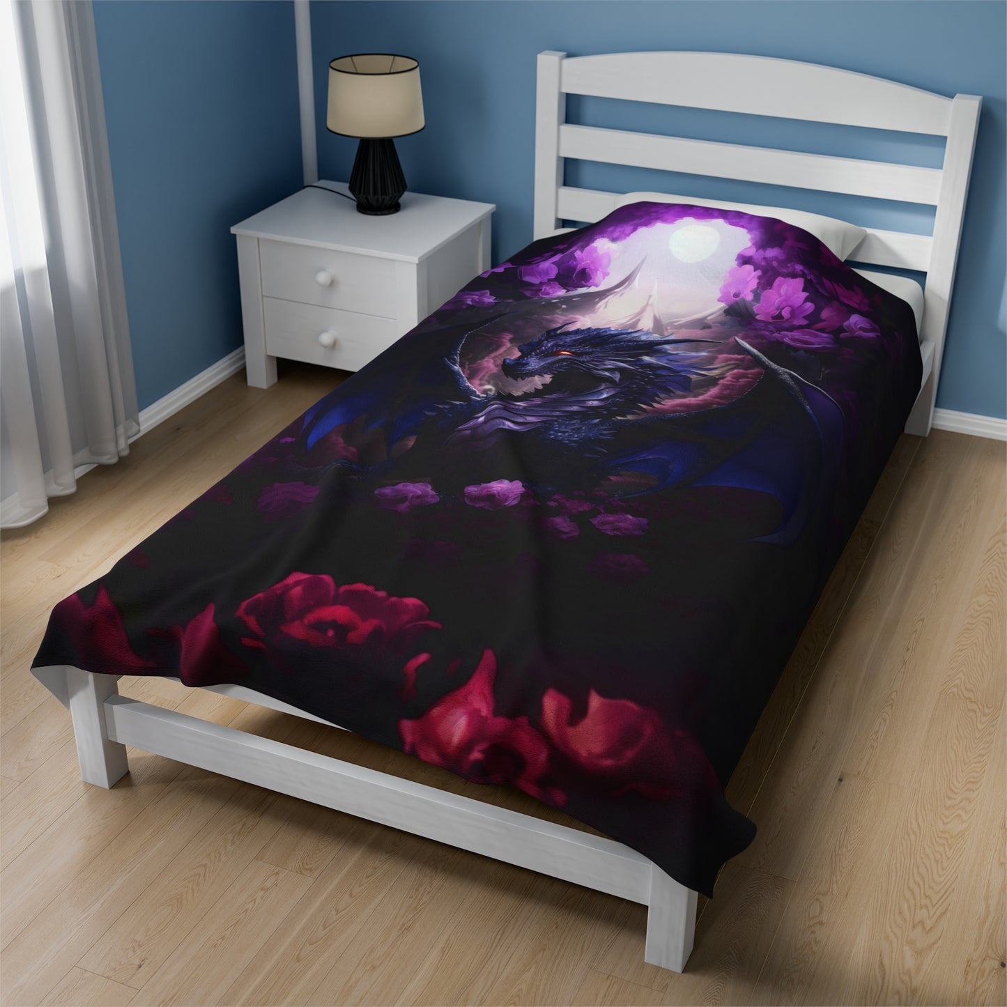 Purple Dragon Blanket - Midnight Purple Dragon - Purple and Red Roses - Velveteen Plush Blanket - Fantasy Gift for Gamer