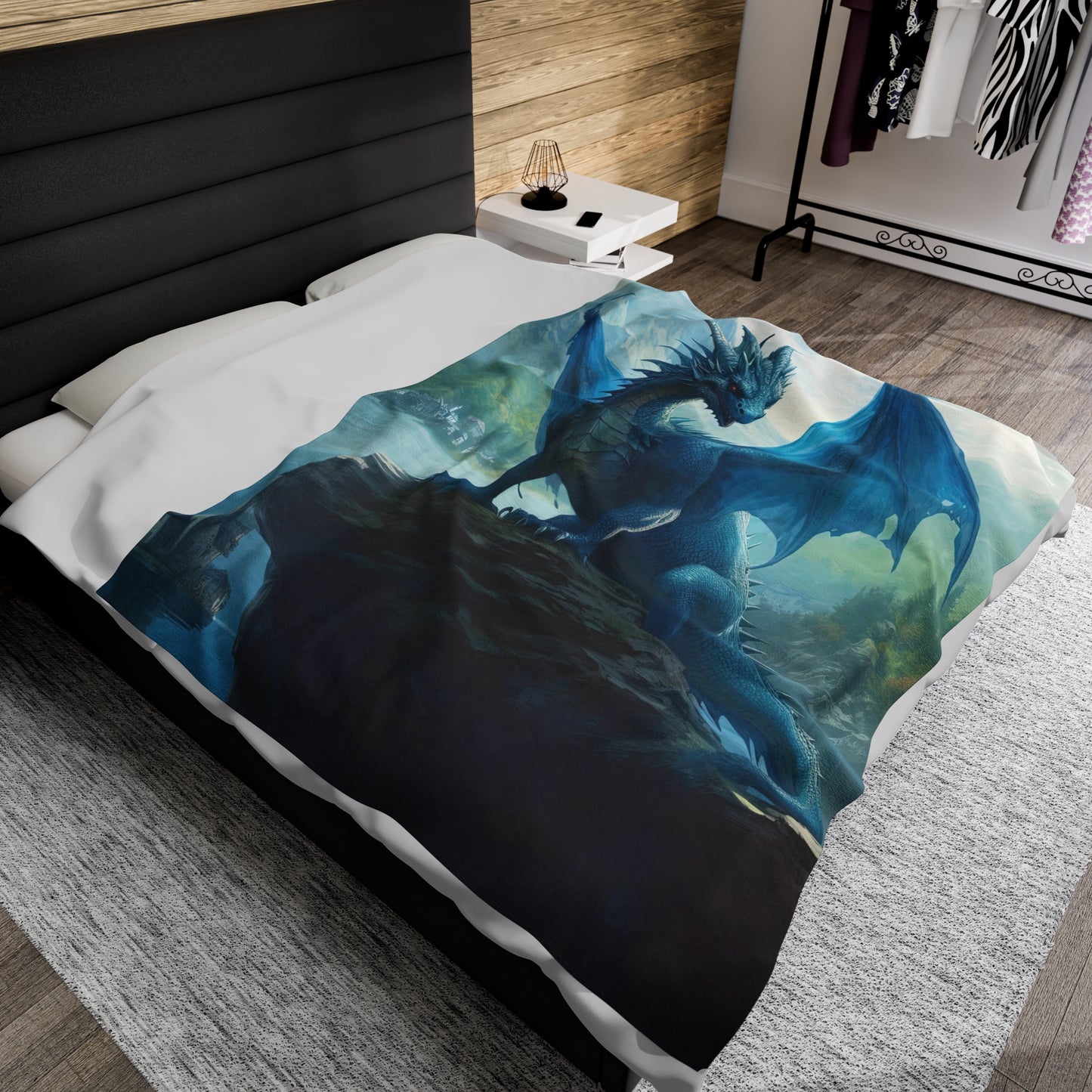 Velveteen Plush Blanket - Azure Serenity: Blue Dragon of the Mountain Lake