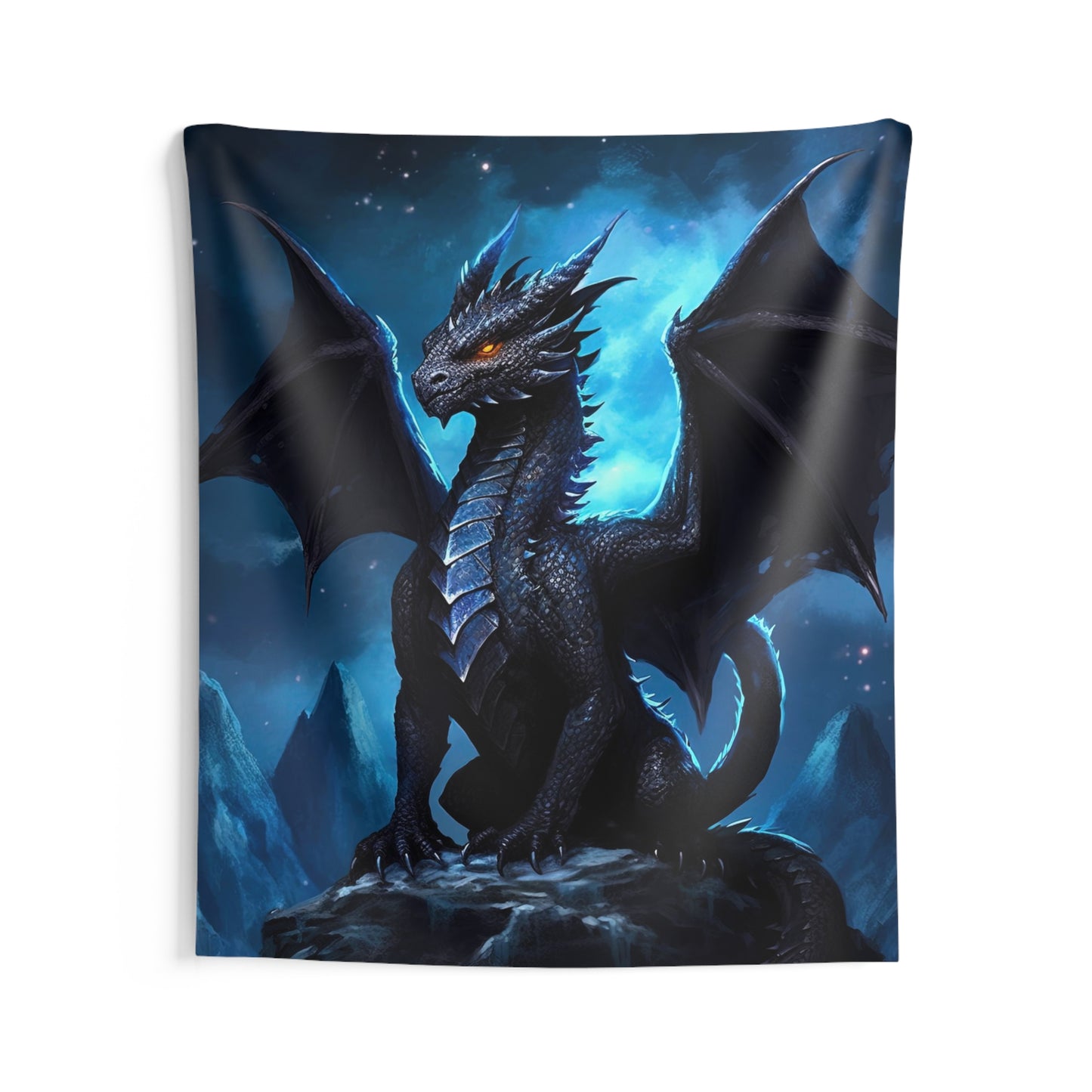 Indoor Wall Tapestries - Shadowflight: Midnight Black Dragon on Mountain Peak