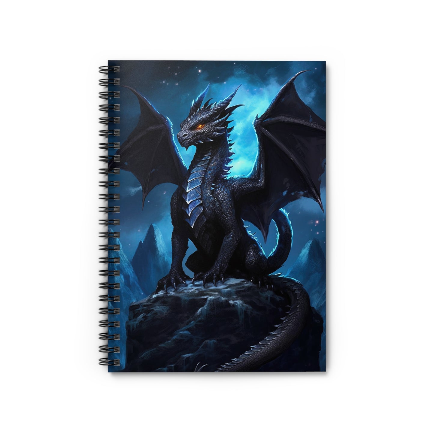 Spiral Notebook - Ruled Line - Black Dragon on a mountain at midnight