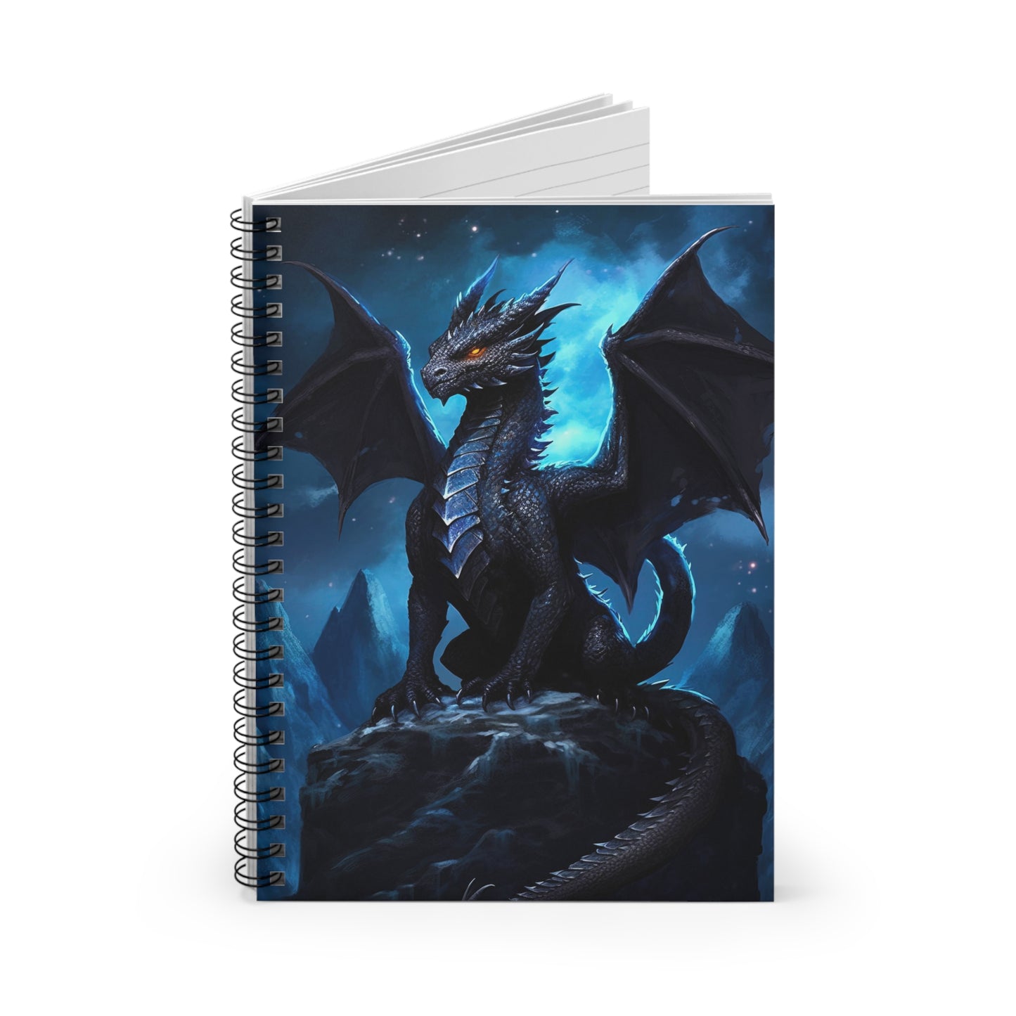 Spiral Notebook - Ruled Line - Black Dragon on a mountain at midnight