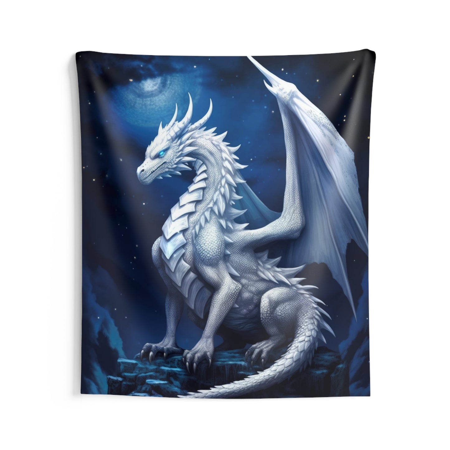 White Dragon Fantasy Tapestry - Guardian: White Holy Dragon in Moonlit Majesty