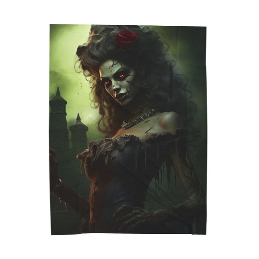 Velveteen Plush Blanket - Crimson Remembrance: Woman Zombie's Enigmatic Embrace