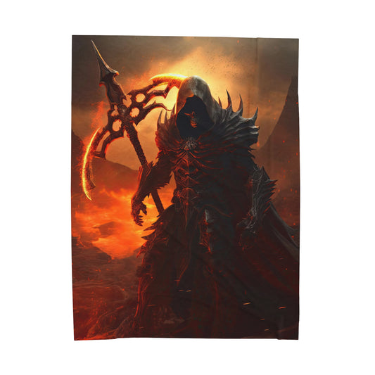 Grim Reaper Blanket - Grim Reaper with Flaming Scythe - Reaper Velveteen Plush - Fantasy Horror Gift for Him
