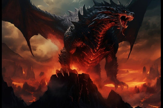 Décoration murale Dragon Noir - Affiche Dragon Volcanique Noir - Toile Fantastique - Prête à accrocher - Cadeau pour Gamer
