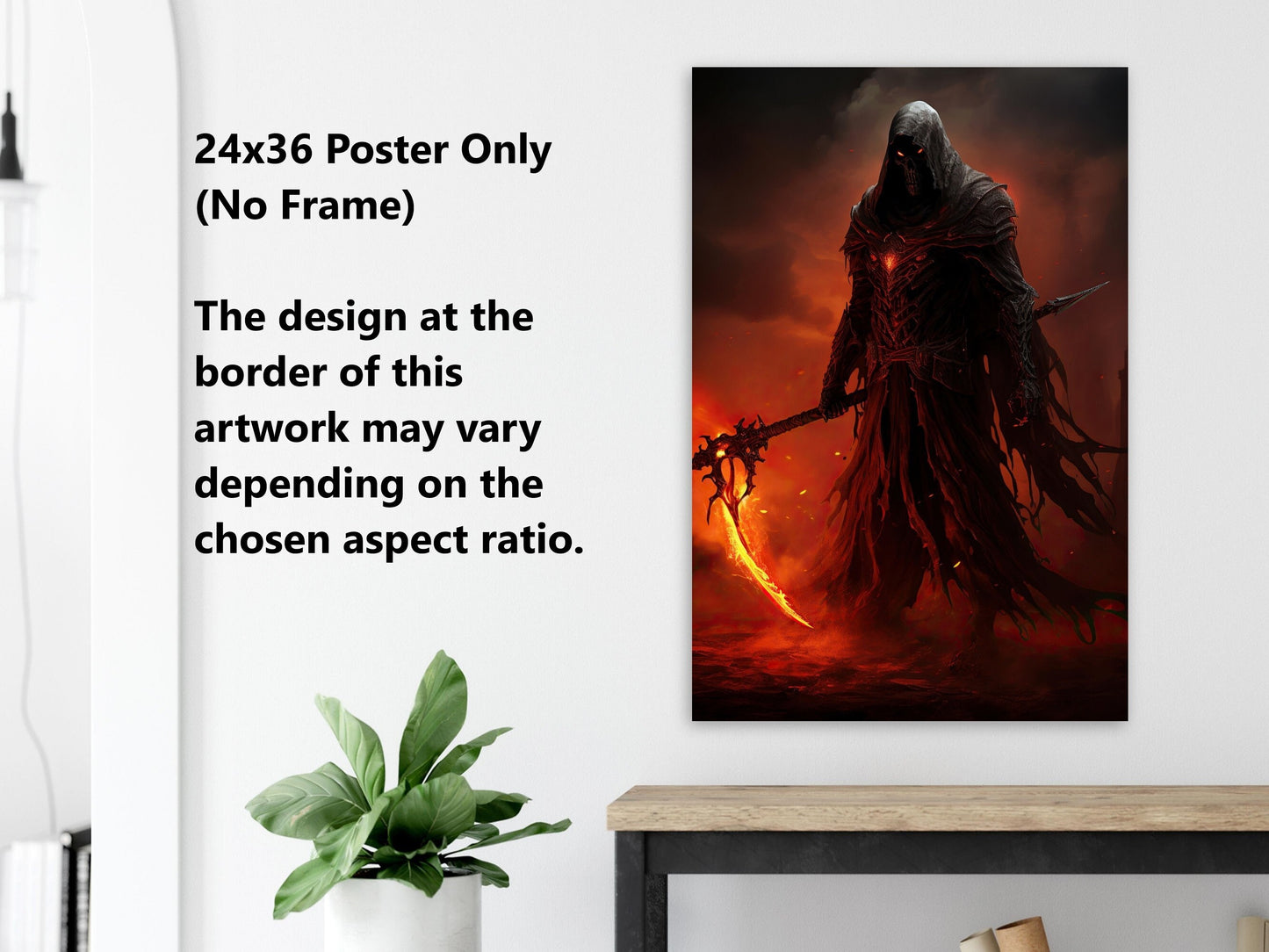 Grim Reaper Art - Warrior Grim Reaper Poster - Flame Scythe - Dark Fantasy Art - Horror Canvas Art - Gift for Gamer
