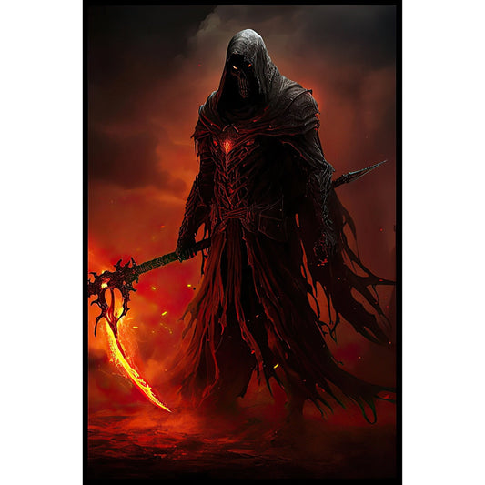 Grim Reaper Art - Warrior Grim Reaper Poster - Flame Scythe - Dark Fantasy Art - Horror Canvas Art - Gift for Gamer