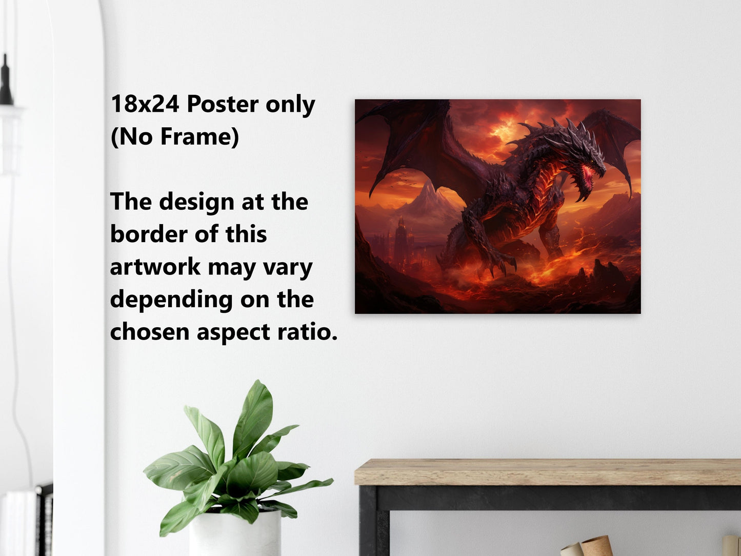 Décoration murale Dragon Noir - Affiche Dragon Noir des Flammes Infernales - Toile Fantastique - Cadeau pour petit ami gamer