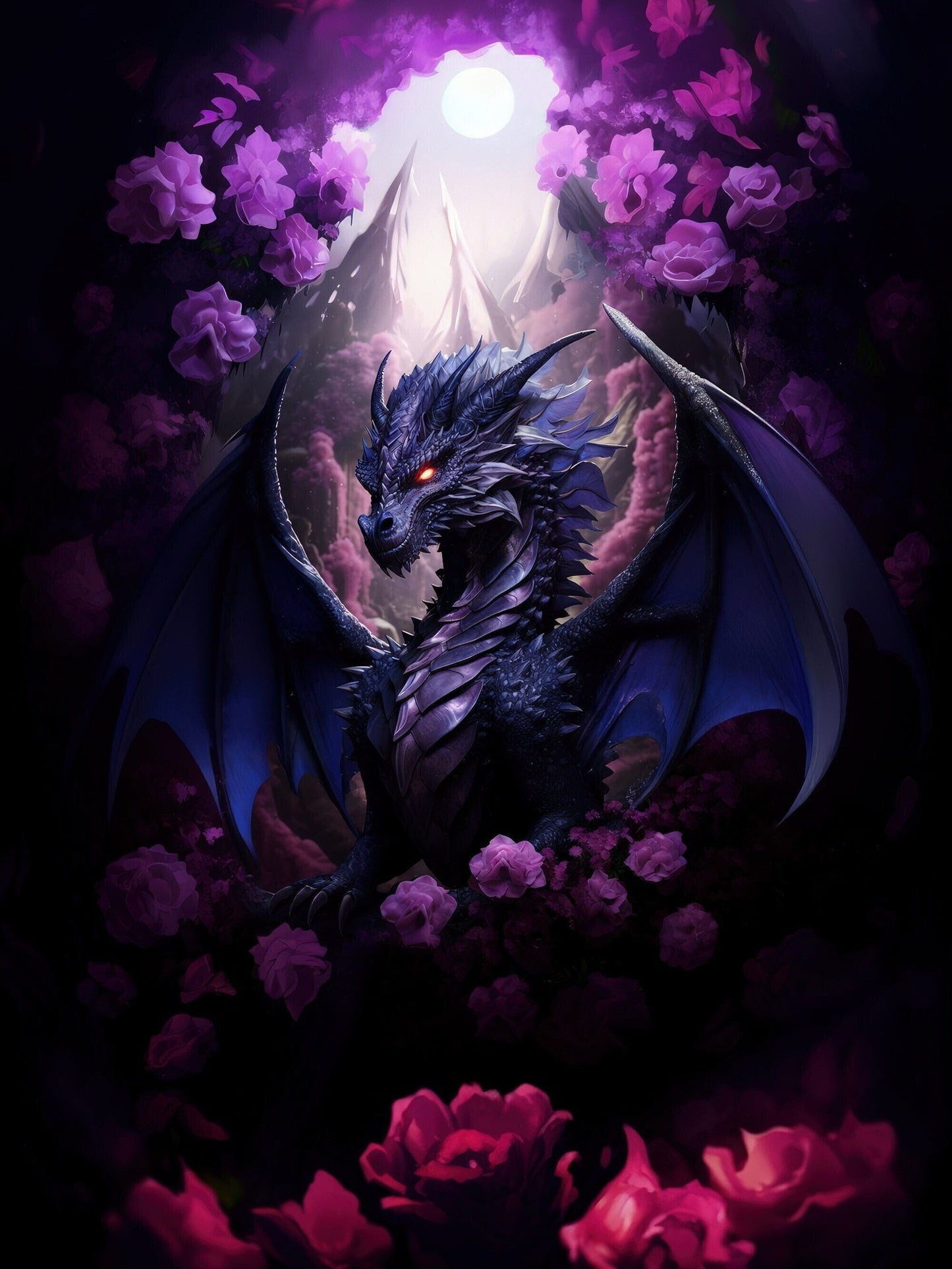 Purple Dragon Wall Art - Midnight Purple Dragon Poster - Purple and Red Roses - Fantasy Art Canvas - Gift for Gamer